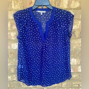 Daniel Rainn Sheer Blue Top With White Hearts All Over Print Women’s Size Small
